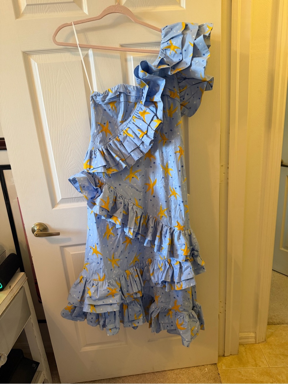 CeliaB Light Blue One-Shoulder Ruffle Dress with Yellow Star Print